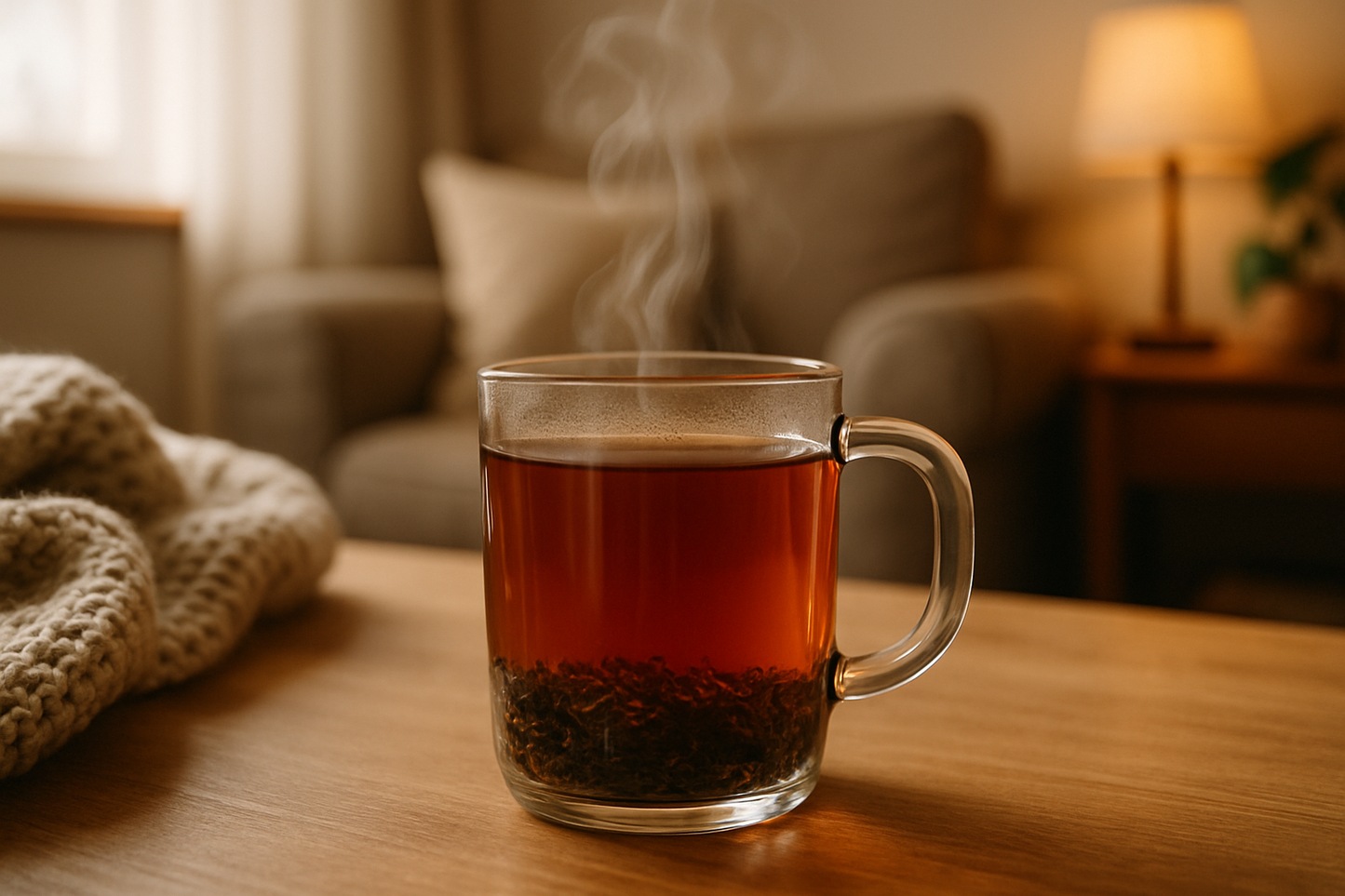 loose leaf earl grey tea in a clear mug in a cozy home